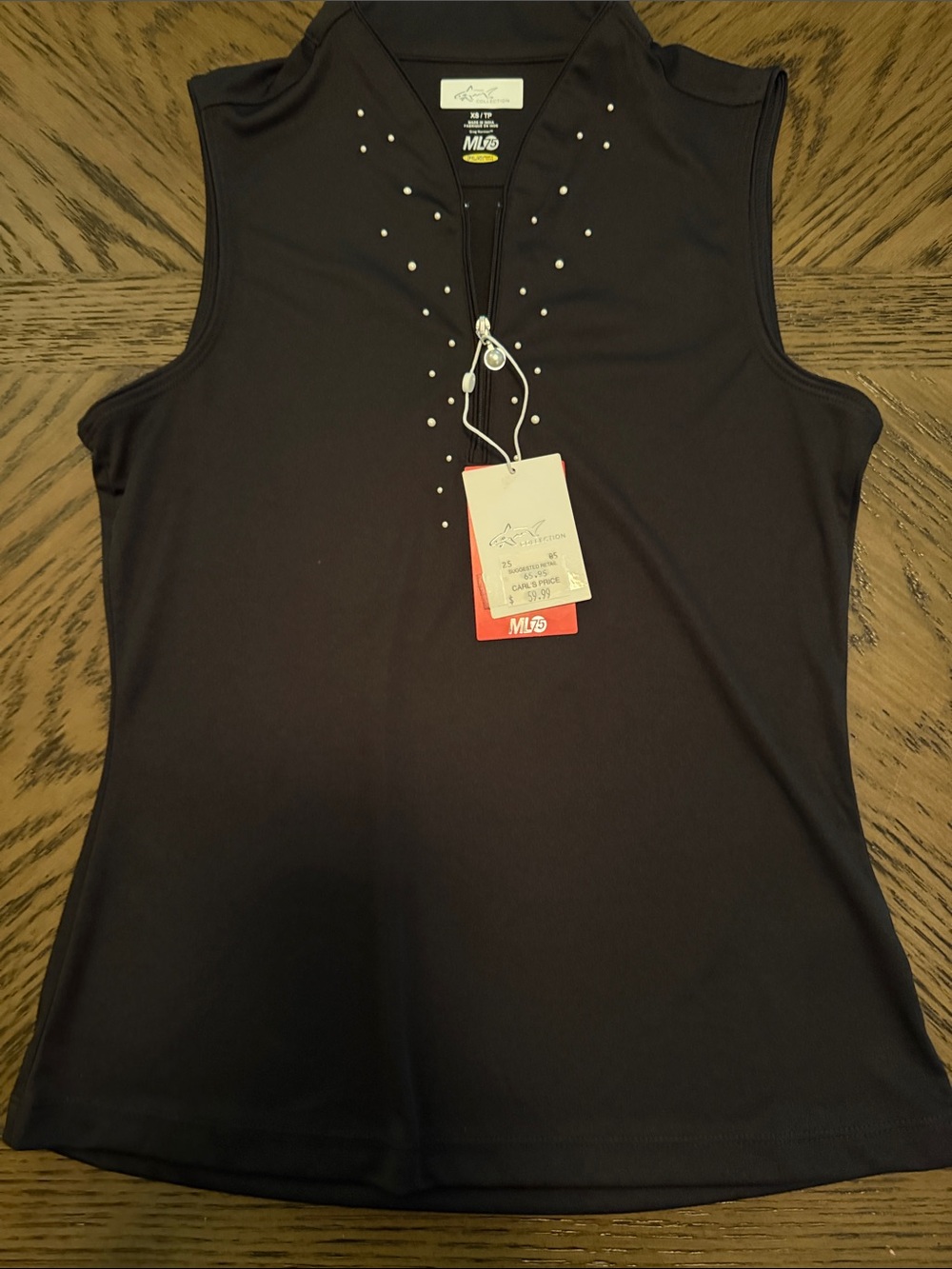 Greg Norman Collection Black Sleeveless Tank with white Pearl Detail collar